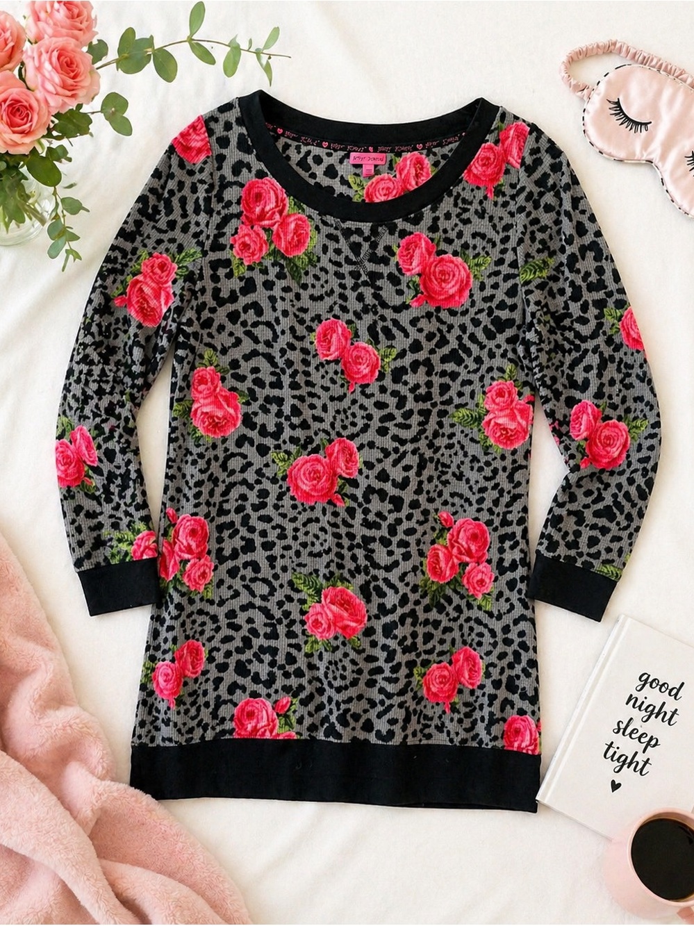 Betsey Johnson Leopard Rose Waffle Knit Pajama Sleep Top